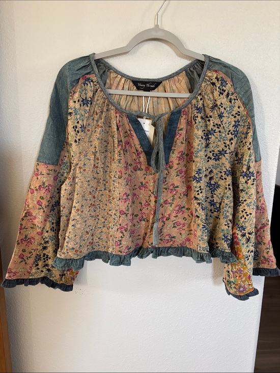 Young Threads Tops - Patchwork Floral Tie-Front Crop Top in Cream, Blue and Pink